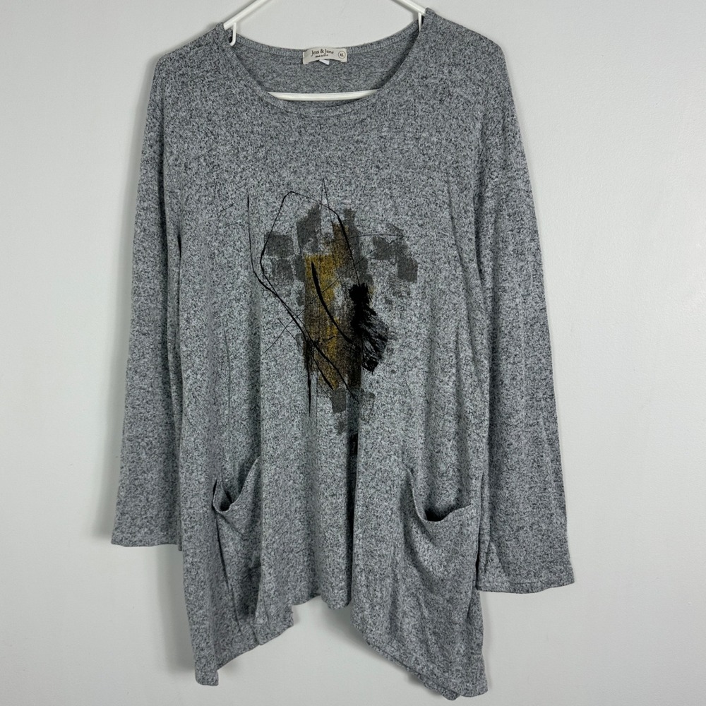 Jess Jane Grey Slouchy Long Sleeve Tunic Top Womens XL Front Pockets Lagenlook
